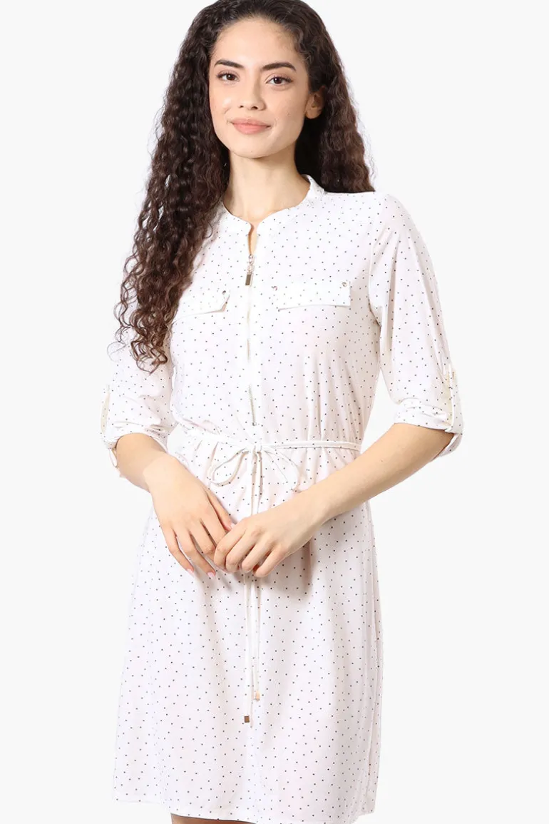 Beecher Brook Dotted Roll Up Sleeve Day Dress - White