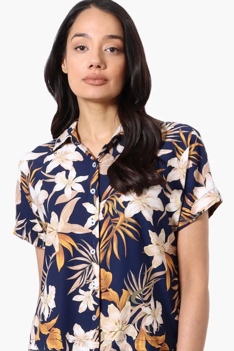 Beecher Brook Floral Cropped Short Sleeve Blouse - Navy