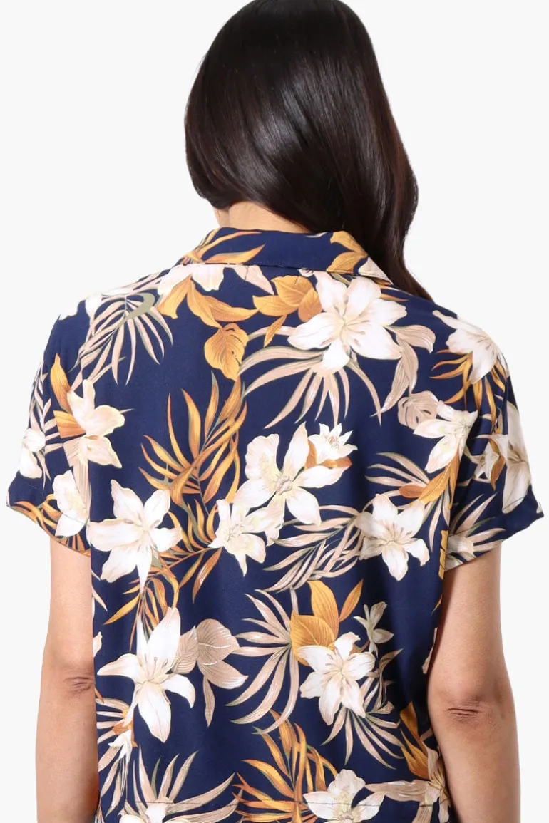 Beecher Brook Floral Cropped Short Sleeve Blouse - Navy