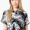 Beecher Brook Leaf Pattern Cropped Short Sleeve Blouse - Black