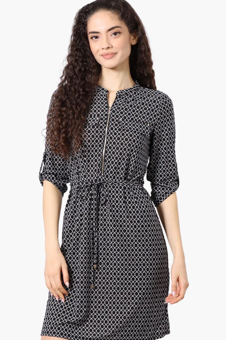 Beecher Brook Patterned Roll Up Sleeve Day Dress - Black