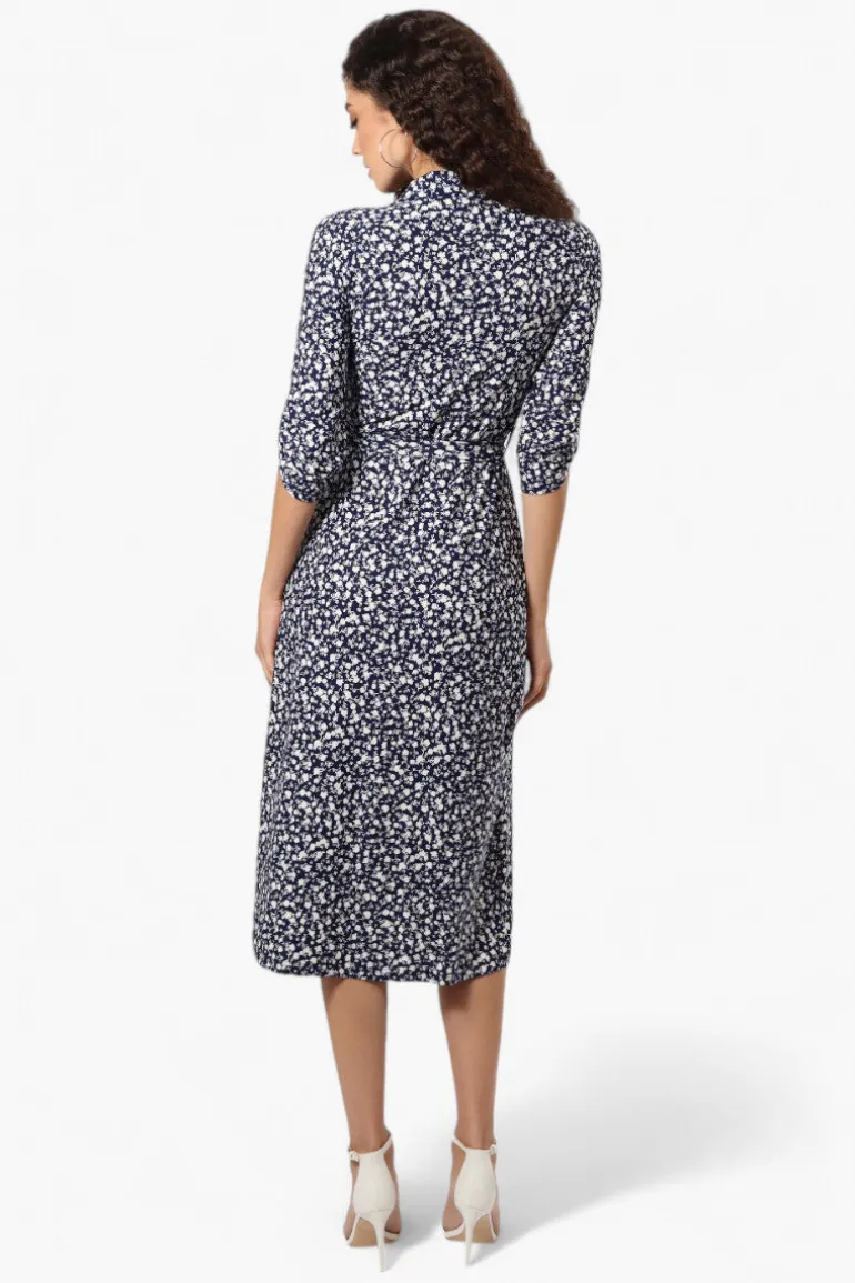 Beechers Brook Belted Floral Roll Up Sleeve Maxi Dress - Navy