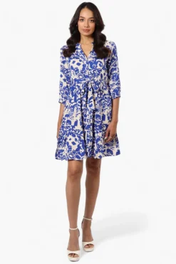 Beechers Brook Belted Patterned Button Down Day Dress - Blue