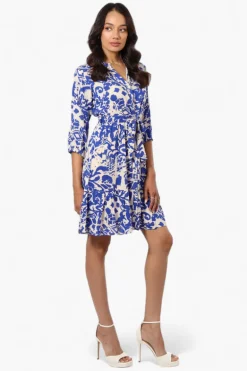 Beechers Brook Belted Patterned Button Down Day Dress - Blue