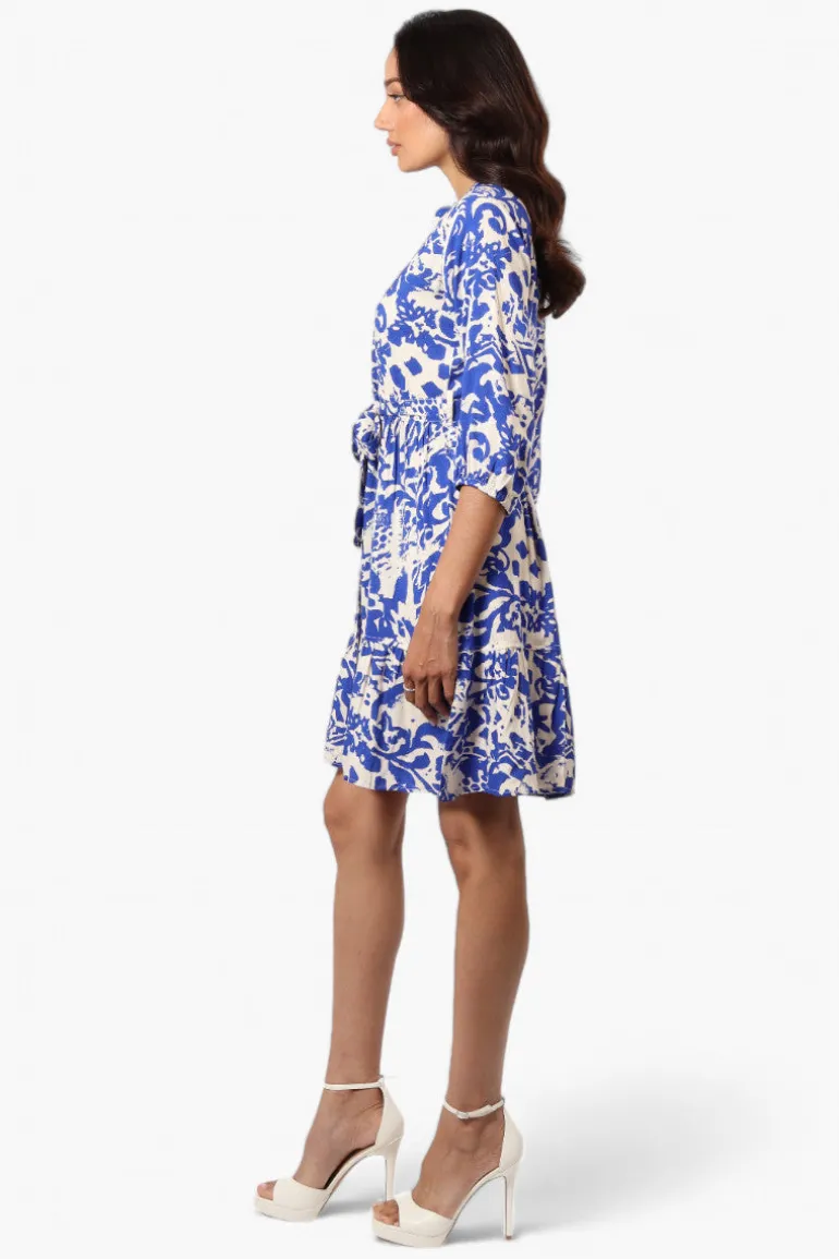 Beechers Brook Belted Patterned Button Down Day Dress - Blue