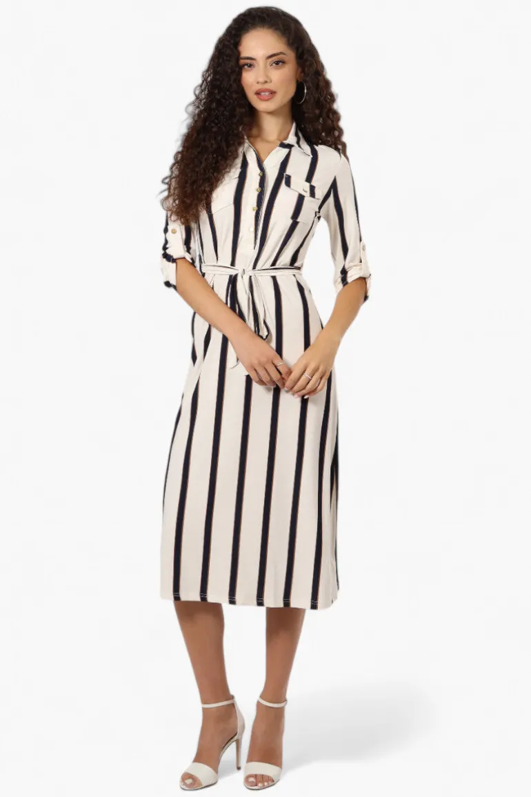 Beechers Brook Belted Striped Roll Up Sleeve Maxi Dress - White