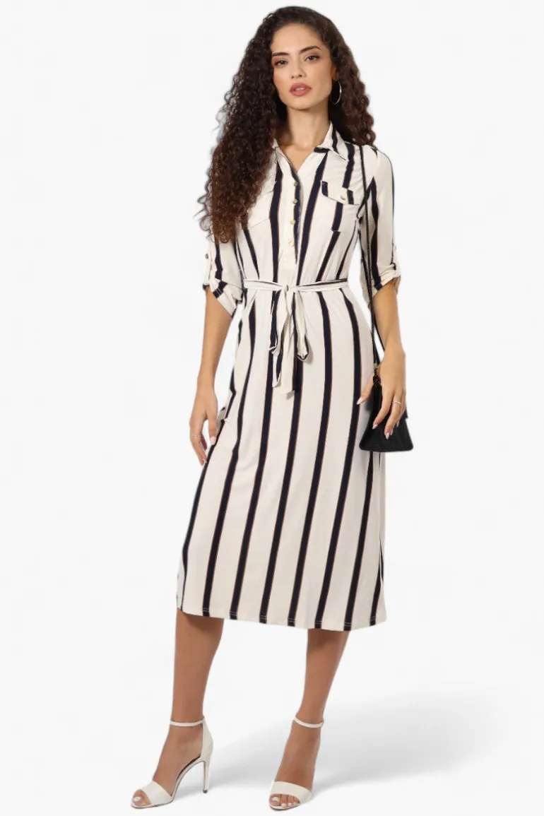 Beechers Brook Belted Striped Roll Up Sleeve Maxi Dress - White