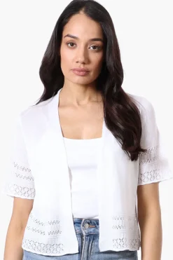 Beechers Brook Crochet Detail Open Shrug Cardigan - White