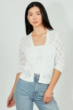 Beechers Brook Diamond Knit 3/4 Sleeve Open Cardigan - White