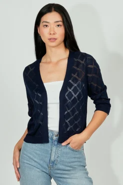 Beechers Brook Diamond Knit 3/4 Sleeve Open Cardigan - Navy