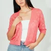 Beechers Brook Diamond Knit 3/4 Sleeve Open Cardigan - Pink