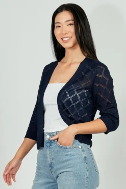 Beechers Brook Diamond Knit 3/4 Sleeve Open Cardigan - Navy