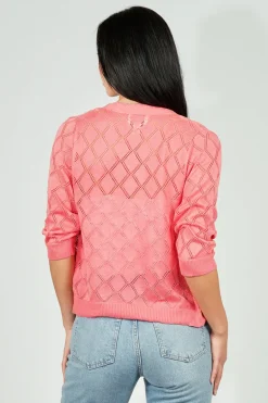 Beechers Brook Diamond Knit 3/4 Sleeve Open Cardigan - Pink