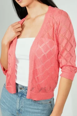 Beechers Brook Diamond Knit 3/4 Sleeve Open Cardigan - Pink