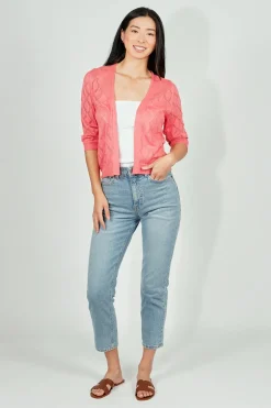 Beechers Brook Diamond Knit 3/4 Sleeve Open Cardigan - Pink