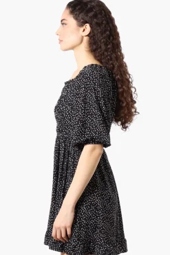 Beechers Brook Dotted Puff Sleeve Smocked Day Dress - Black