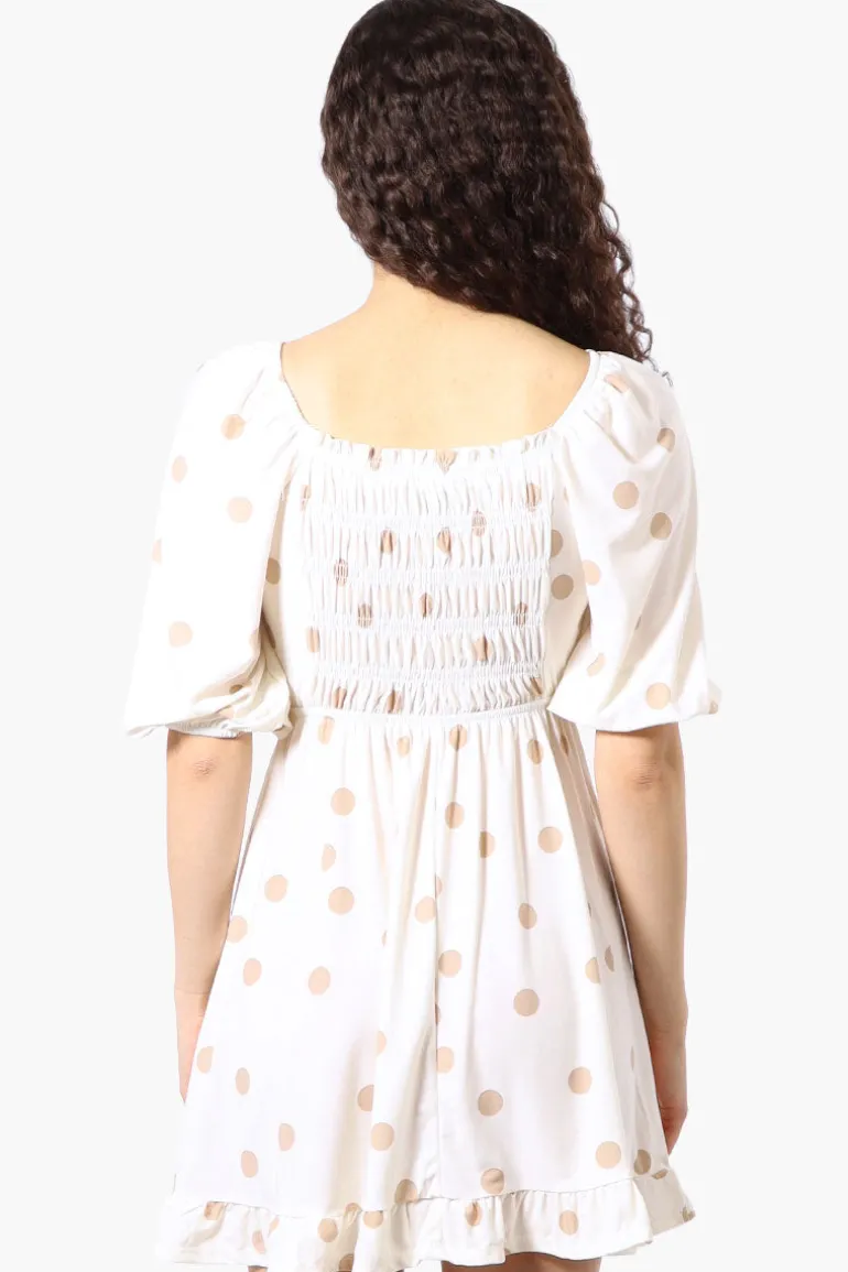 Beechers Brook Dotted Puff Sleeve Smocked Day Dress - White