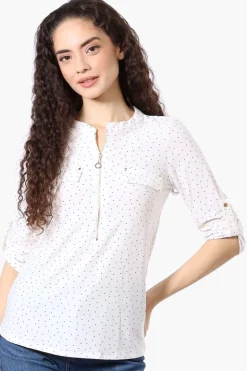Beechers Brook Dotted Roll Up Sleeve Half Zip Shirt - White