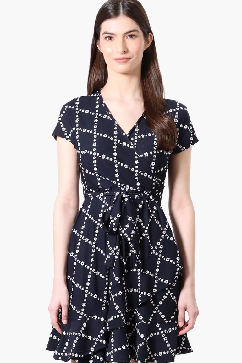 Beechers Brook Floral Belted Crossover Day Dress - Navy
