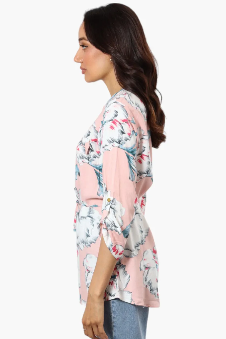 Beechers Brook Floral Belted Roll Up Sleeve Blouse - Pink