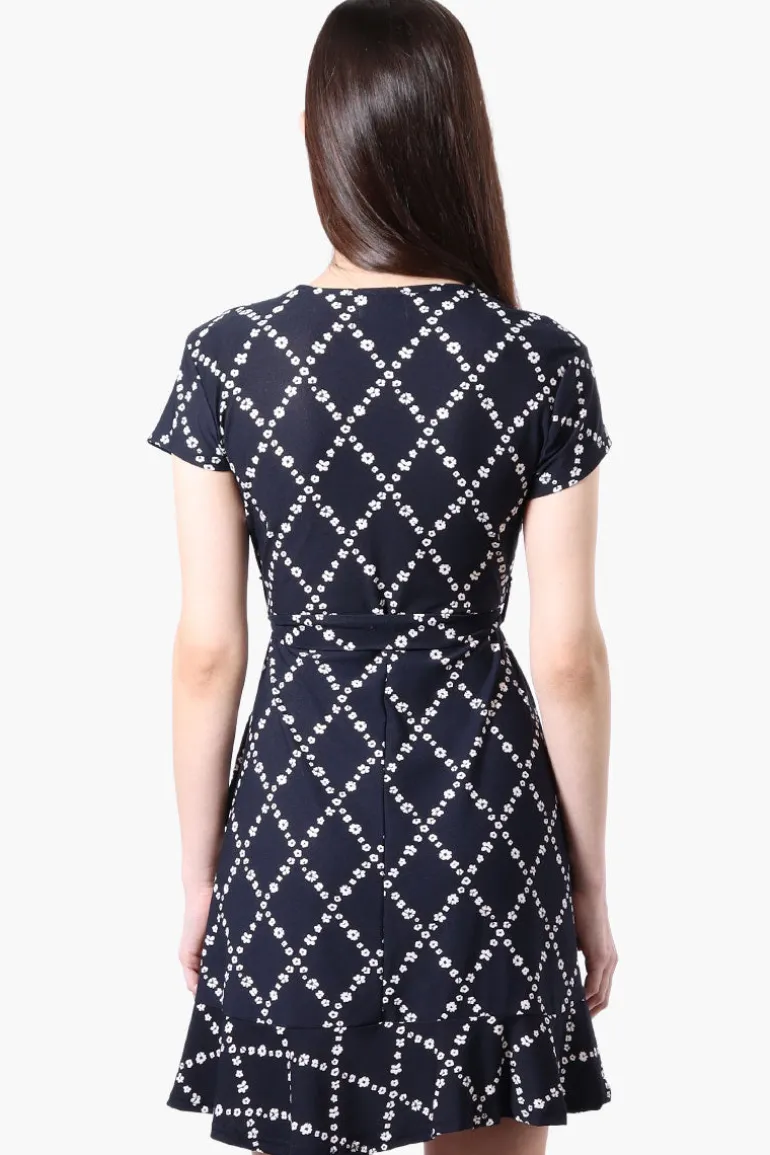 Beechers Brook Floral Belted Crossover Day Dress - Navy