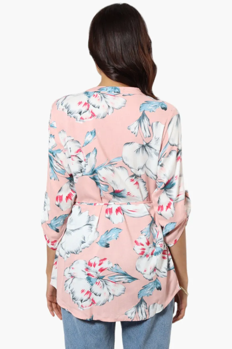 Beechers Brook Floral Belted Roll Up Sleeve Blouse - Pink