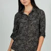 Beechers Brook Floral Button Down Roll Up Sleeve Blouse - Black
