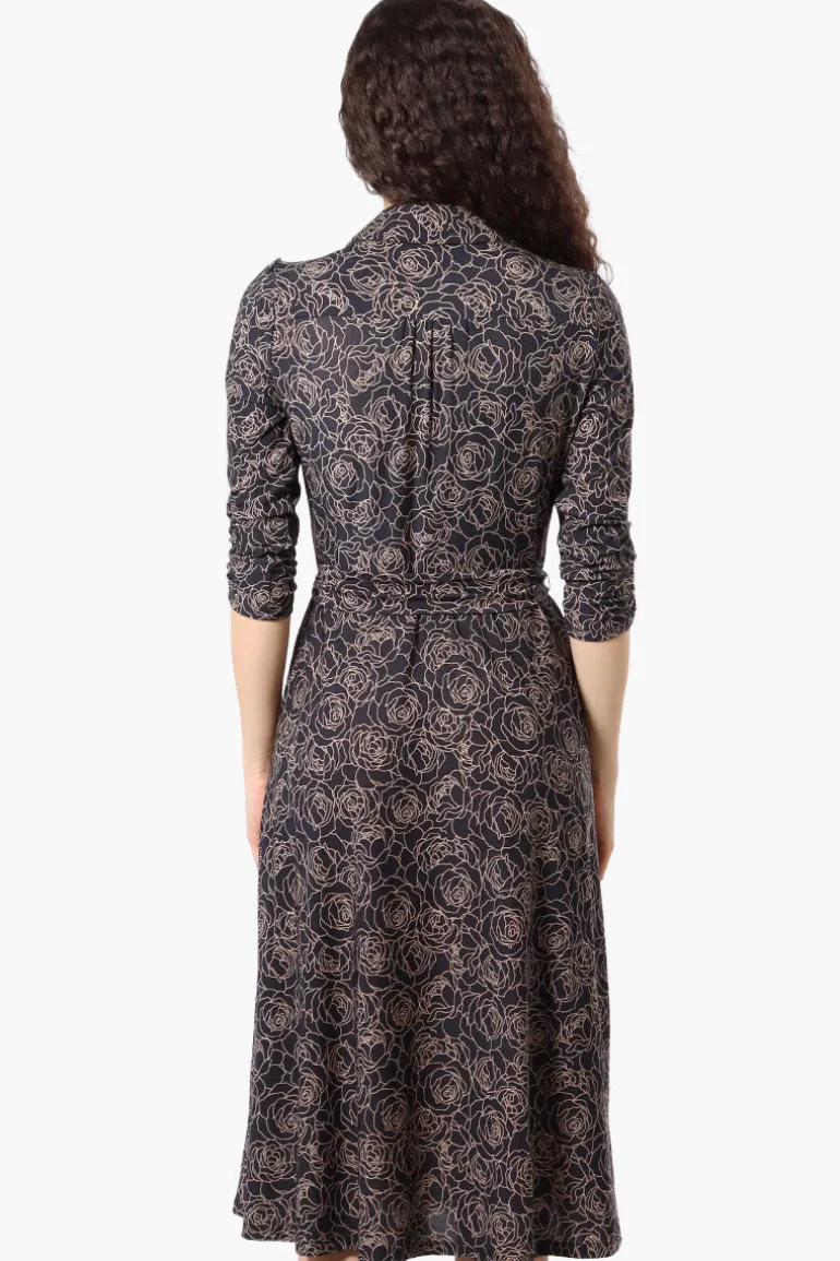 Beechers Brook Floral Button Up Belted Midi Dress - Black