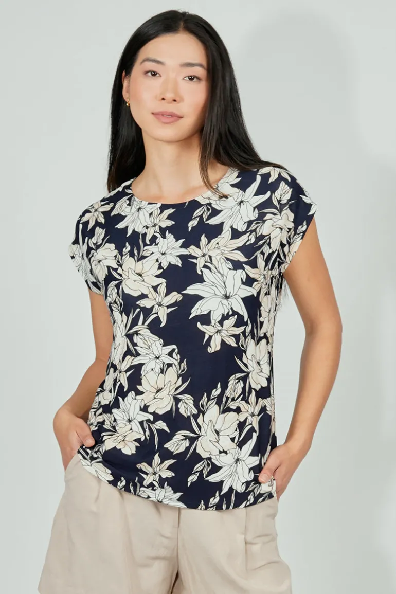 Beechers Brook Floral Circle Neck Tee - Navy