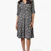 Beechers Brook Floral Crossover Button Up Sleeve Day Dress - Black