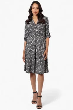Beechers Brook Floral Crossover Button Up Sleeve Day Dress - Black