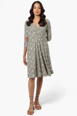 Beechers Brook Floral Crossover Button Up Sleeve Day Dress - Olive