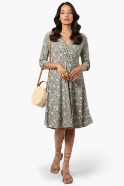 Beechers Brook Floral Crossover Button Up Sleeve Day Dress - Olive