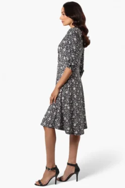 Beechers Brook Floral Crossover Button Up Sleeve Day Dress - Black