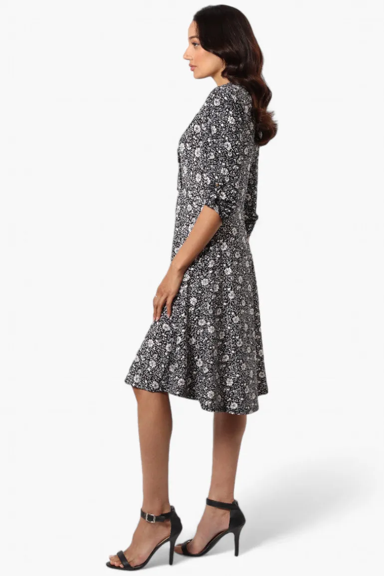 Beechers Brook Floral Crossover Button Up Sleeve Day Dress - Black
