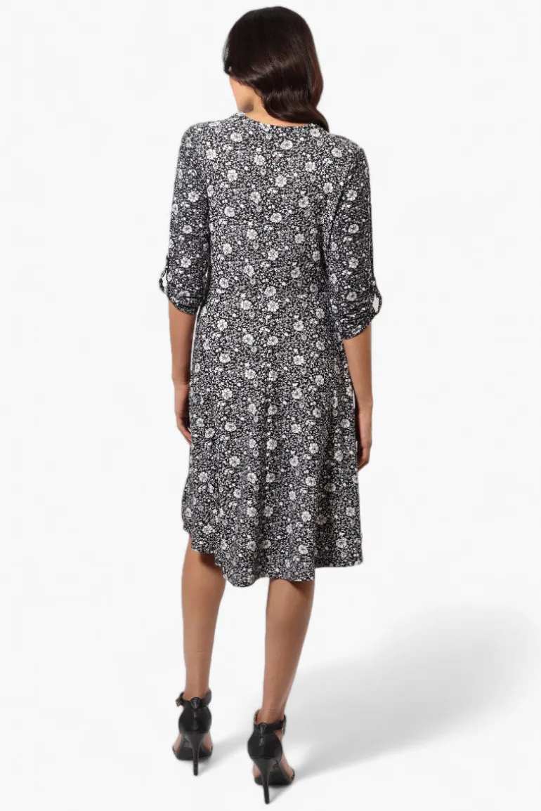 Beechers Brook Floral Crossover Button Up Sleeve Day Dress - Black