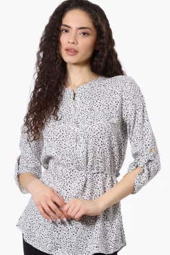 Beechers Brook Floral Half Zip Tie Waist Blouse - White