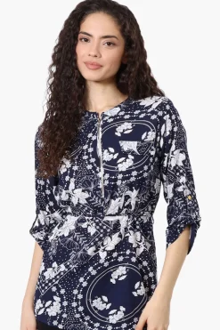 Beechers Brook Floral Half Zip Tie Waist Blouse - Navy