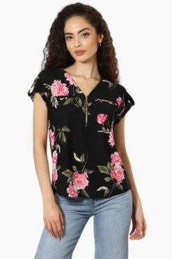 Beechers Brook Floral Half Zip Tee - Black
