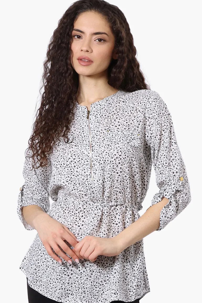 Beechers Brook Floral Half Zip Tie Waist Blouse - White