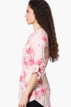 Beechers Brook Floral Half Zip Tie Waist Blouse - Pink