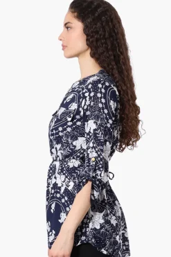 Beechers Brook Floral Half Zip Tie Waist Blouse - Navy