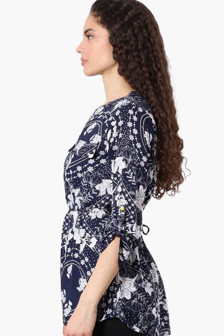 Beechers Brook Floral Half Zip Tie Waist Blouse - Navy