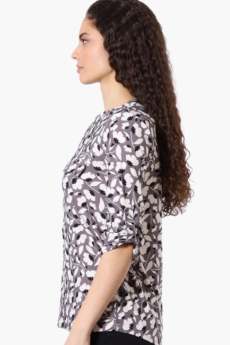 Beechers Brook Floral Half Zip Roll Up Sleeve Shirt - Purple