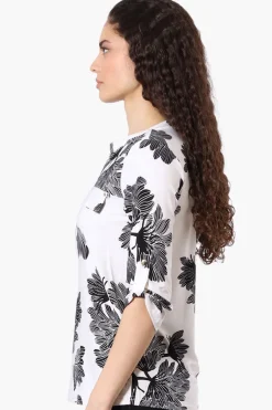 Beechers Brook Floral Half Zip Roll Up Sleeve Shirt - White