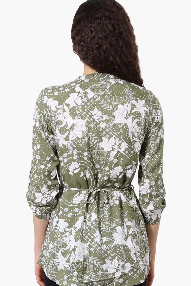 Beechers Brook Floral Half Zip Tie Waist Blouse - Olive