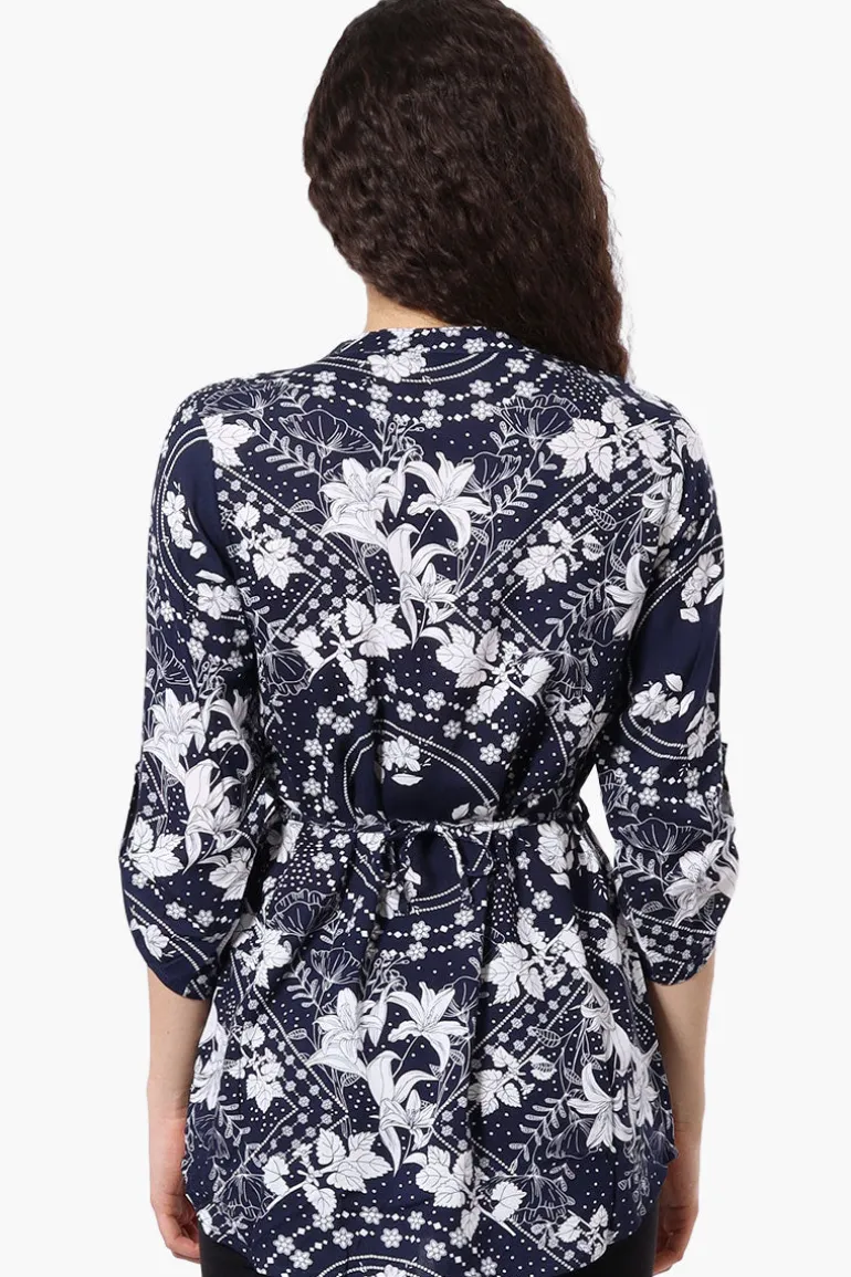 Beechers Brook Floral Half Zip Tie Waist Blouse - Navy