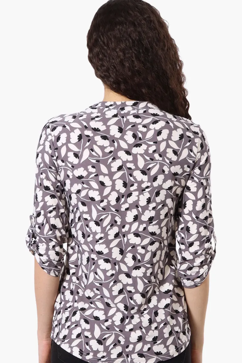Beechers Brook Floral Half Zip Roll Up Sleeve Shirt - Purple