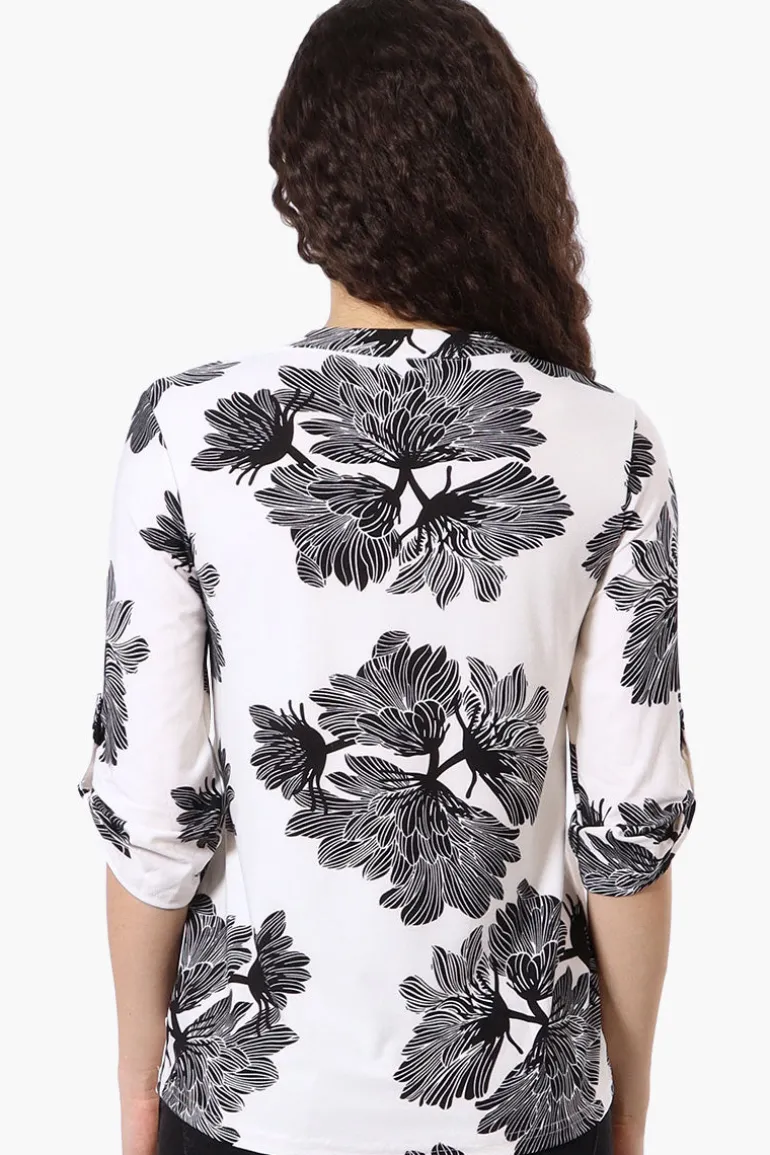 Beechers Brook Floral Half Zip Roll Up Sleeve Shirt - White