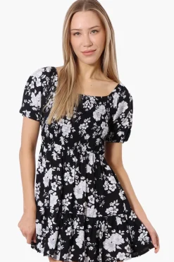 Beechers Brook Floral Puff Sleeve Smocked Day Dress - Black